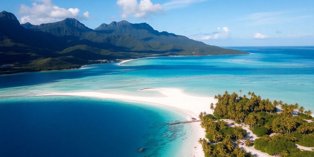 Turquoise lagoon waters and lush green volcanic peaks on Raivavae.
