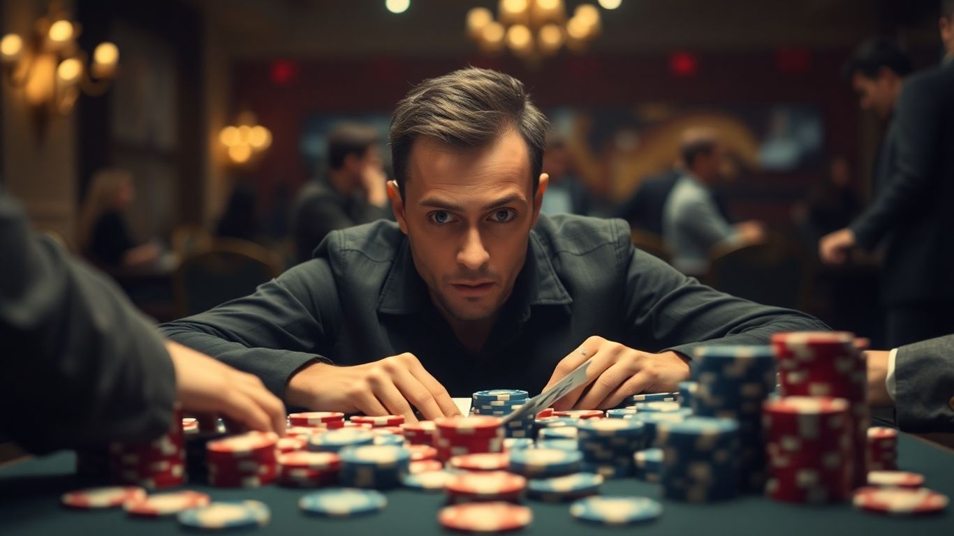 Overwhelmed poker player at a table with many chips.