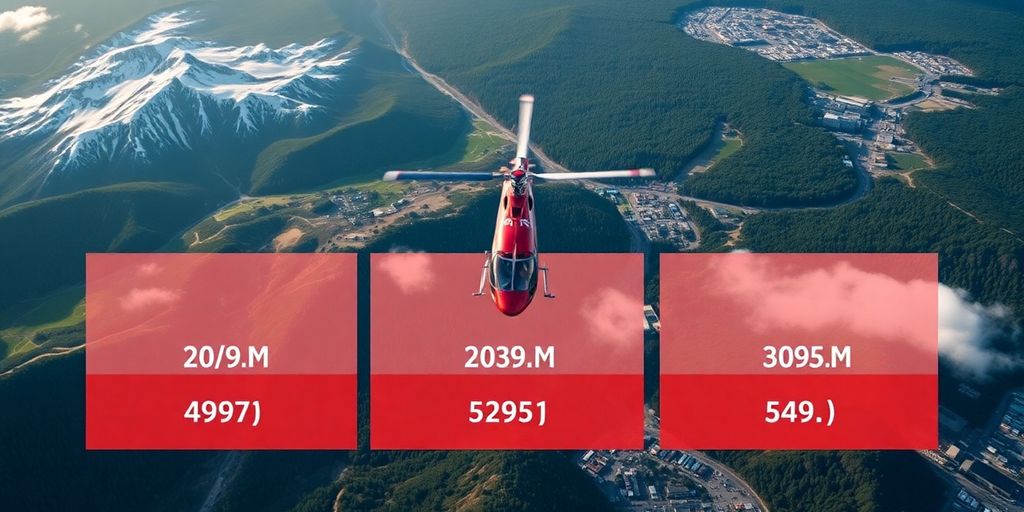 Helicopter in flight over diverse geographic landscapes.
