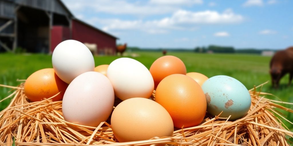Fresh pasture raised eggs in straw on a farm.