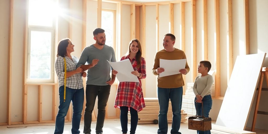 Family renovating home with tools and plans.