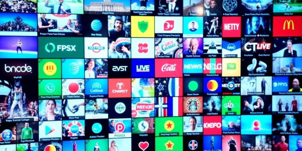 Live streaming channels displayed on a digital screen.