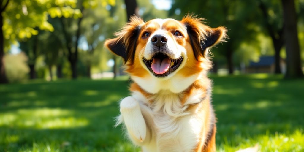 A dog bowing in a sunny park setting.