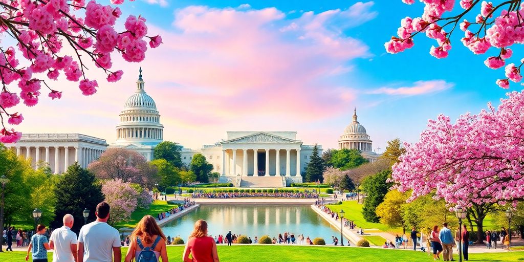 Collage of Washington DC landmarks and cherry blossoms.