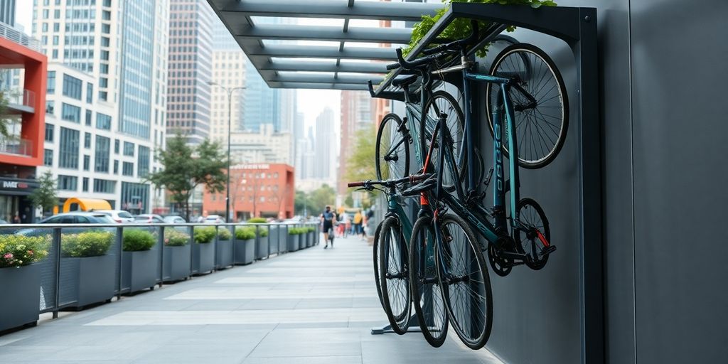 Urban bike hanger with bicycles in a city setting.