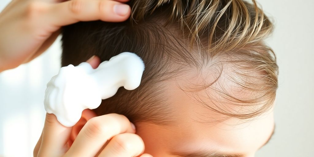 Man applying hair foam to thinning scalp under bright light