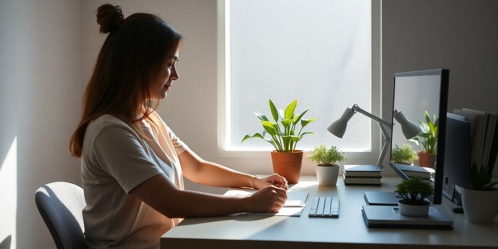 Person calmly organizing desk with plants.