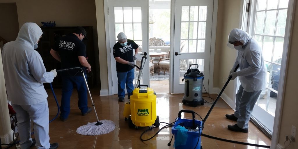 Water damage cleanup team at work in a flooded home.
