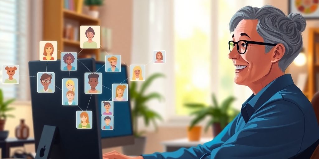 Teacher instructing diverse students online, glowing digital connections.