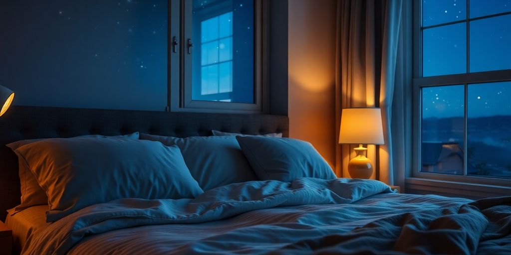 Cozy bedroom with soft lighting and inviting bed.