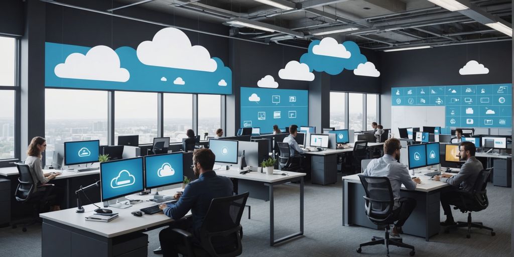 Office workers using cloud computing technology