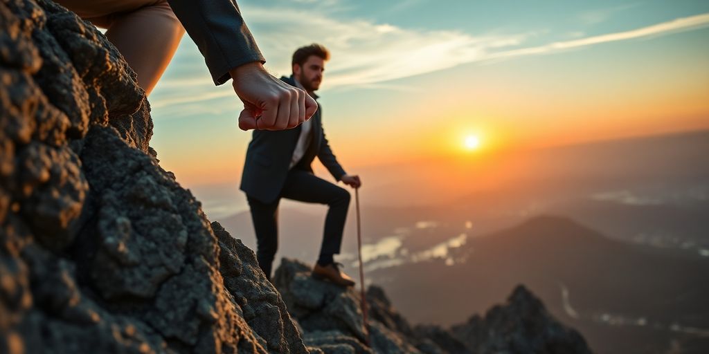 Professional climbing a mountain, showcasing grit and perseverance.