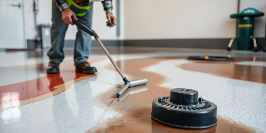 Person in safety gear applying epoxy on garage floor.