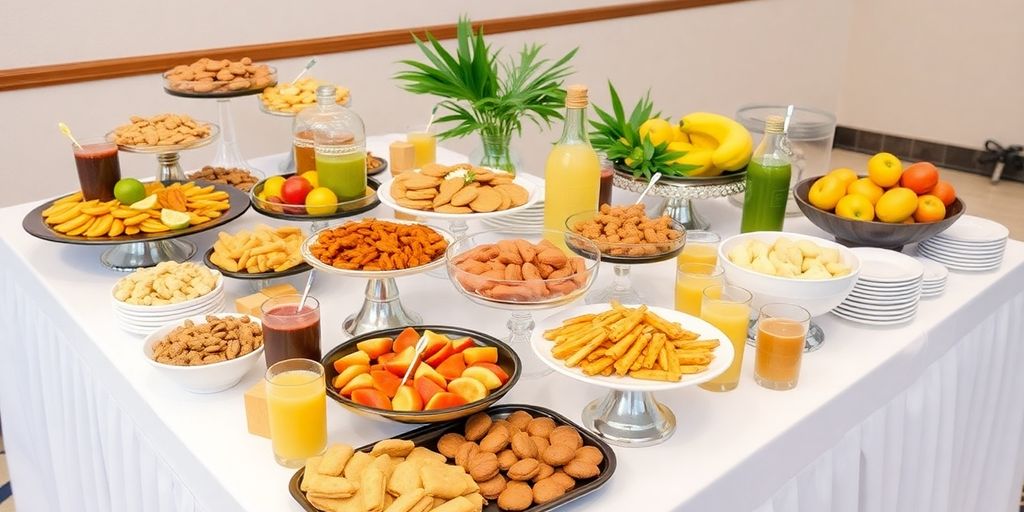 โต๊ะจัดเบรคพร้อมของว่างหลากหลายและเครื่องดื่ม