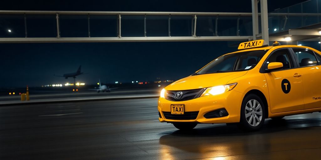 Yellow cab waits at Dallas airport at night.
