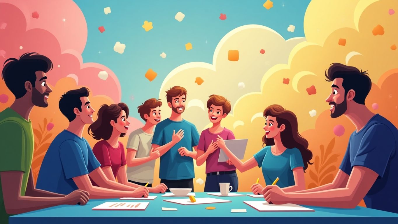 Diverse animated characters collaborating on a video project.