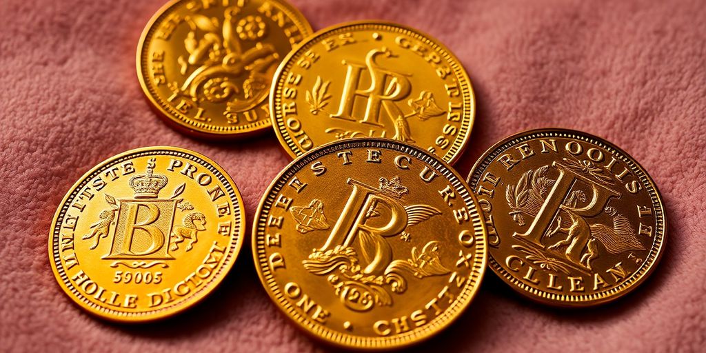 Pièces de Napoléon en or sur un fond en velours.