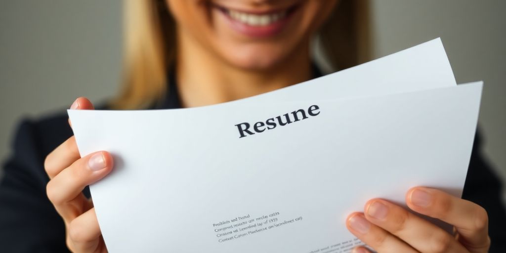 Person holding a resume, smiling.