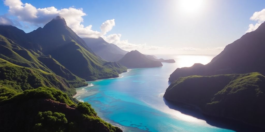 Lush green volcanic peaks meet turquoise ocean waters.