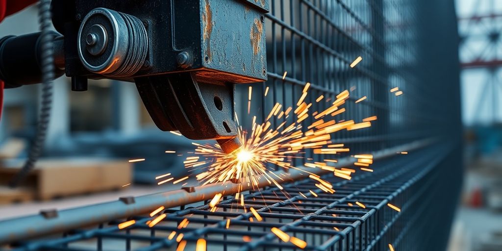 Mesh welding machine working on steel mesh at construction site.