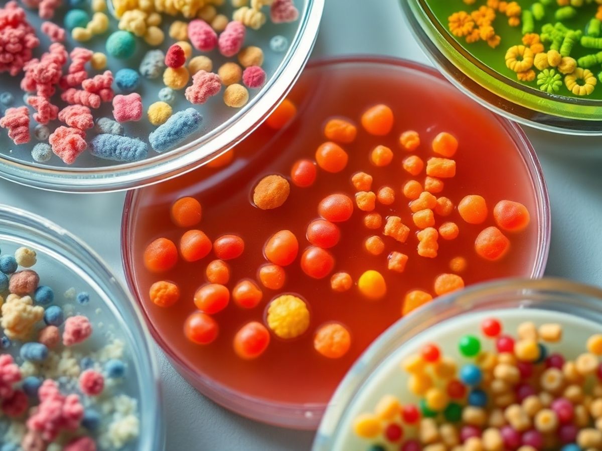 Close-up of colorful bacteria cultures in petri dishes.