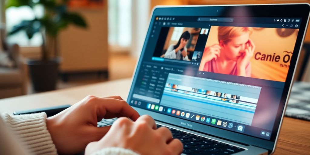 Teacher creating online course on laptop.