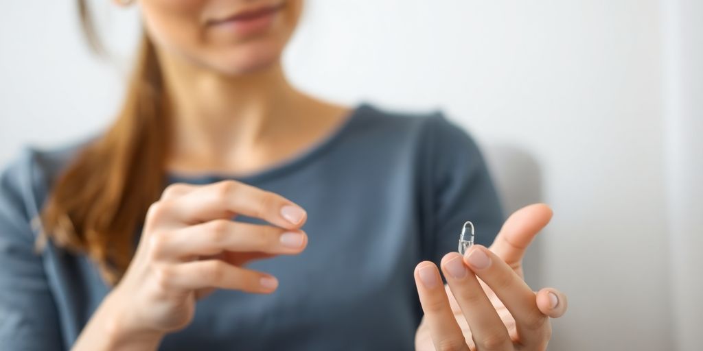 Mulher segurando implante hormonal com expressão pensativa.