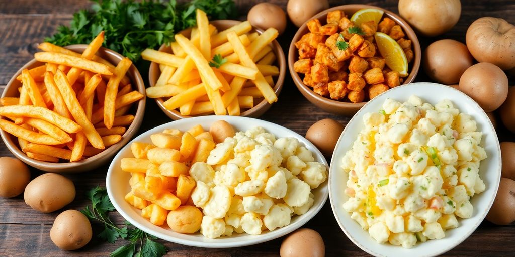 Diverse aardappelgerechten op een houten tafel