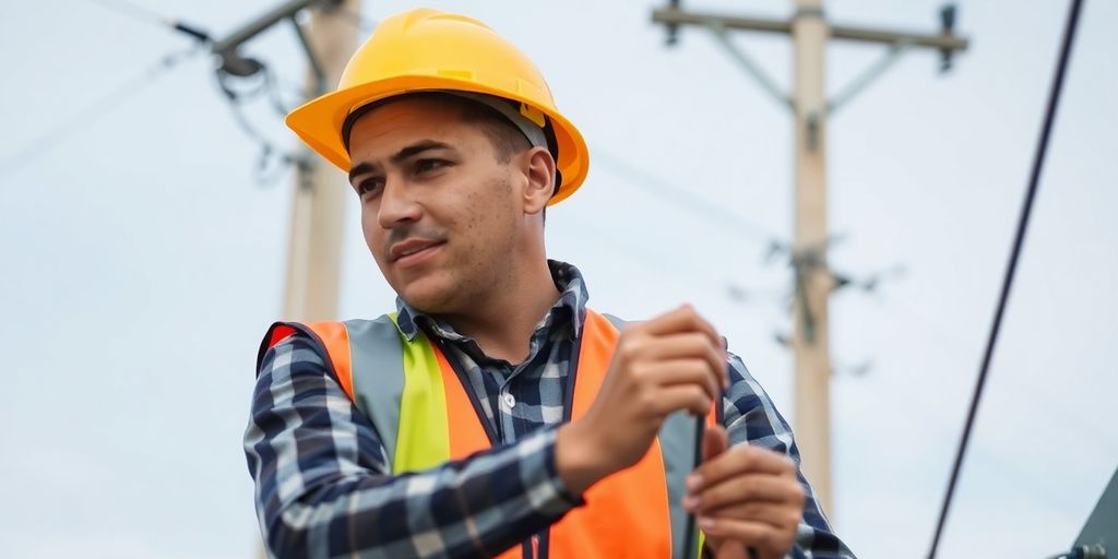 Electrician apprentice working on power lines