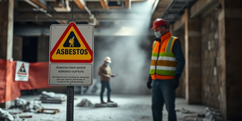 Construction site with asbestos warning signs and protective gear.