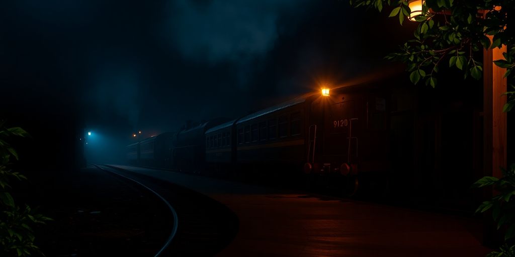 Estação escura com uma locomotiva a vapor nostálgica à noite.