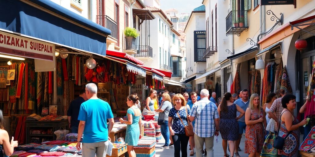 Colorful market scene in Bodrum, Türkiye with locals.