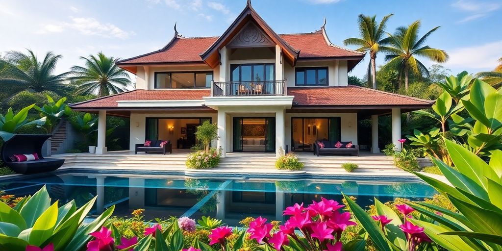 Luxurious Thai home with elegant architecture and gardens.
