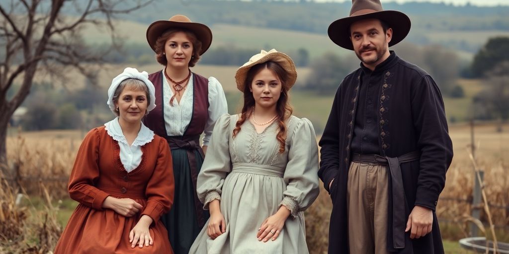 Atwood family in colonial attire, 18th-century American landscape.