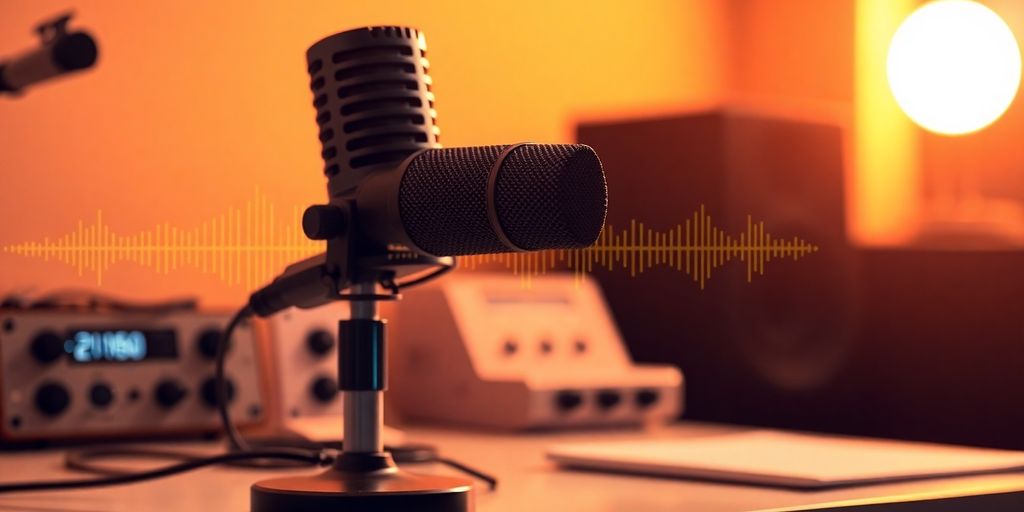 Podcast microphone with glowing sound waves.