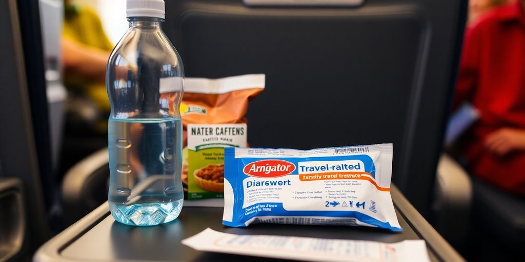Reisediarrhoe: Reiseutensilien und Medikamente auf einem Flugzeugtisch.