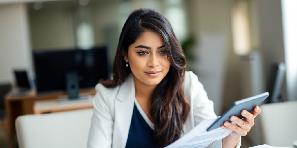 Hindi woman reviewing tax documents with calculator.