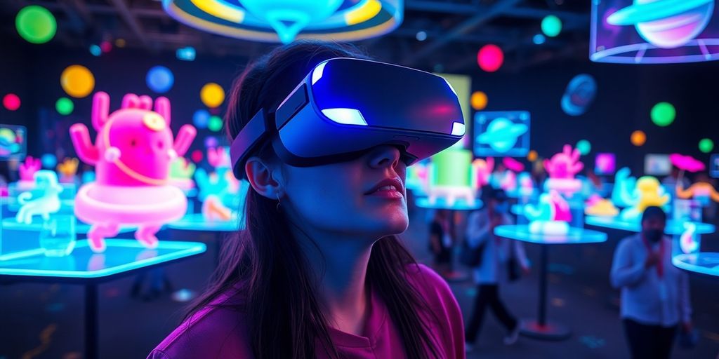 Person in VR headset exploring a colorful digital landscape.