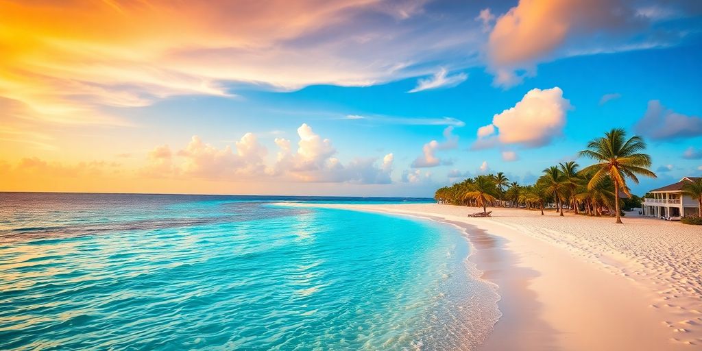 Tropical beach with palm trees and sunset in Florida.