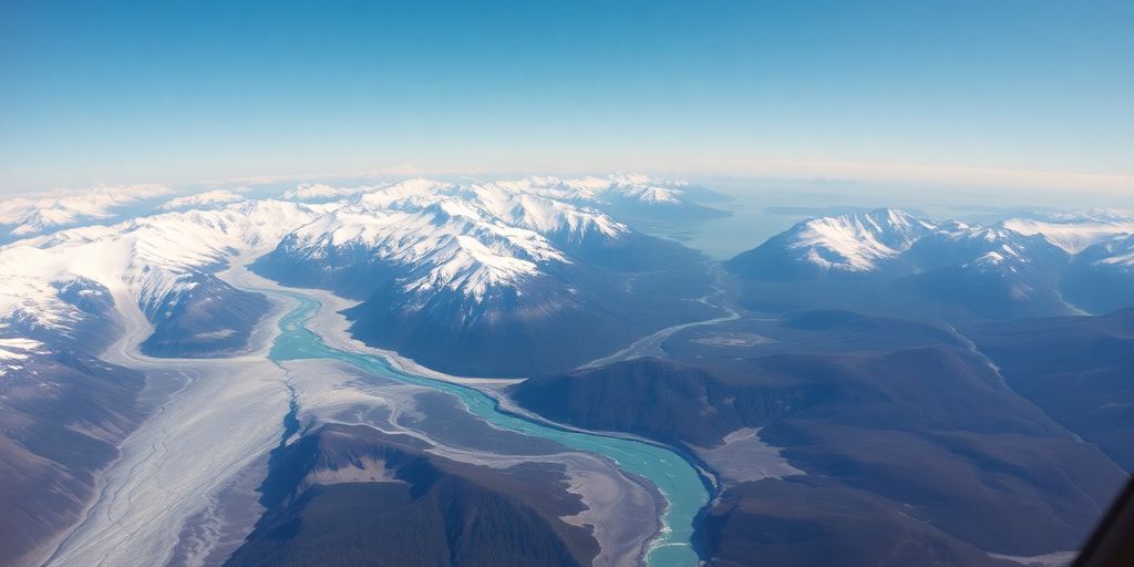 A helicopter flying over vast Alaskan mountains and glaciers.
