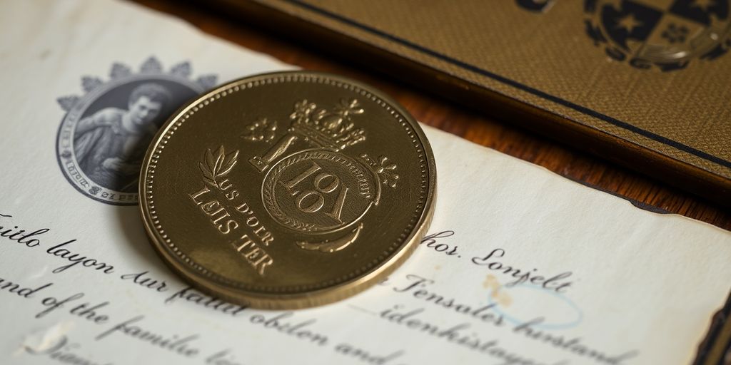 Une pièce de Louis d'or sur un document ancien.