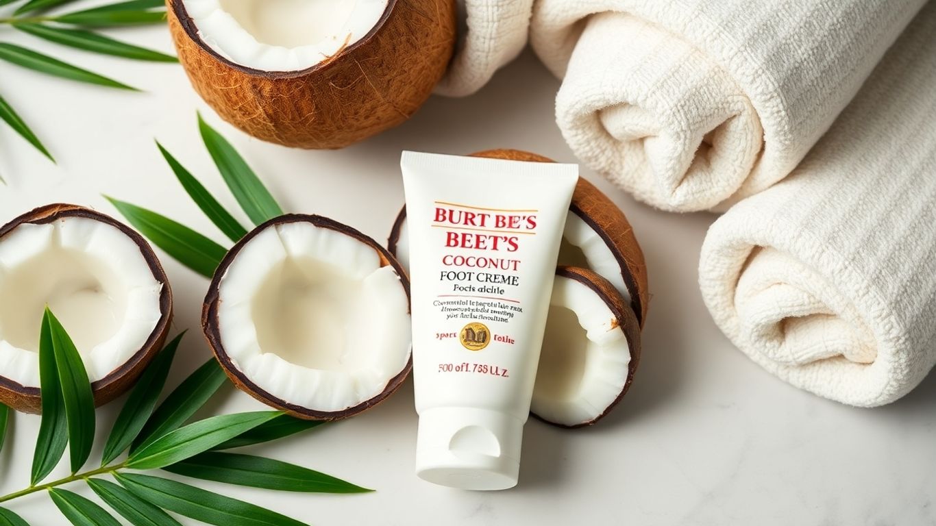 Burt's Bees foot crème with coconuts and green leaves