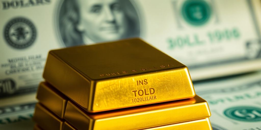 Barres d'or brillantes avec un billet de dollar flou.