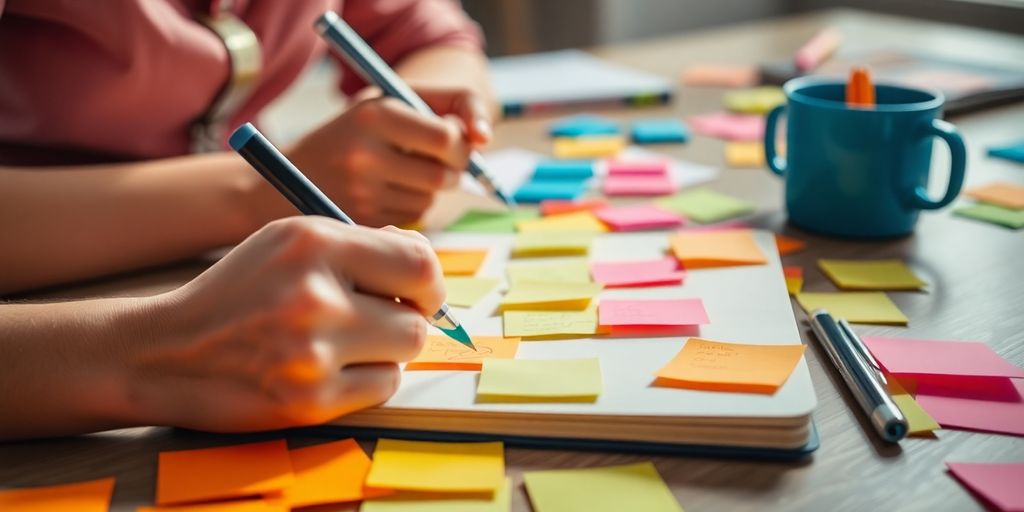 Person brainstorming ideas with colorful sticky notes.