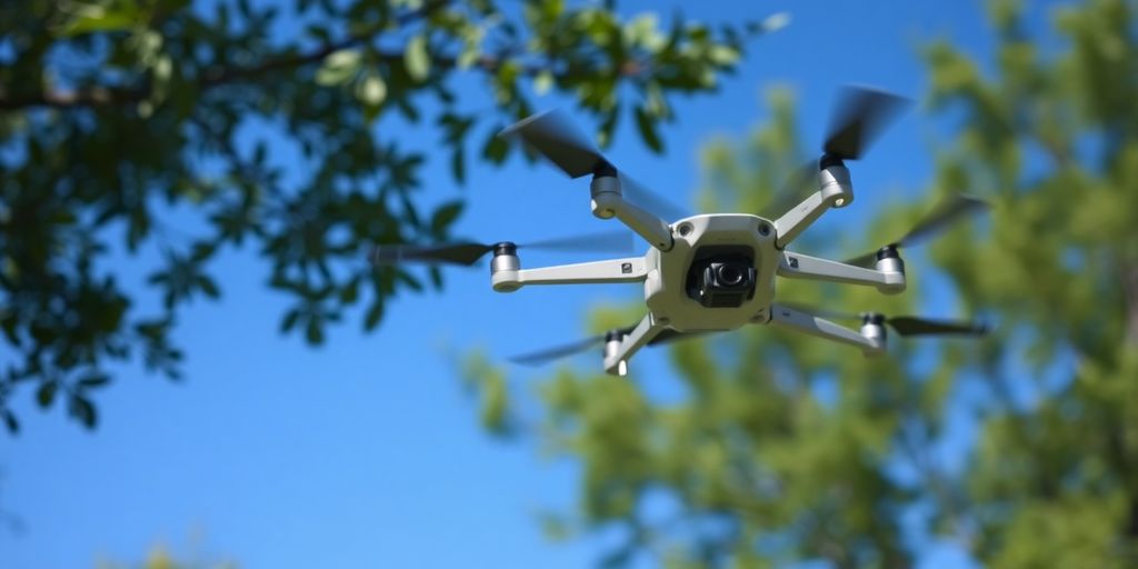 Drone volant dans le ciel bleu avec verdure environnante.