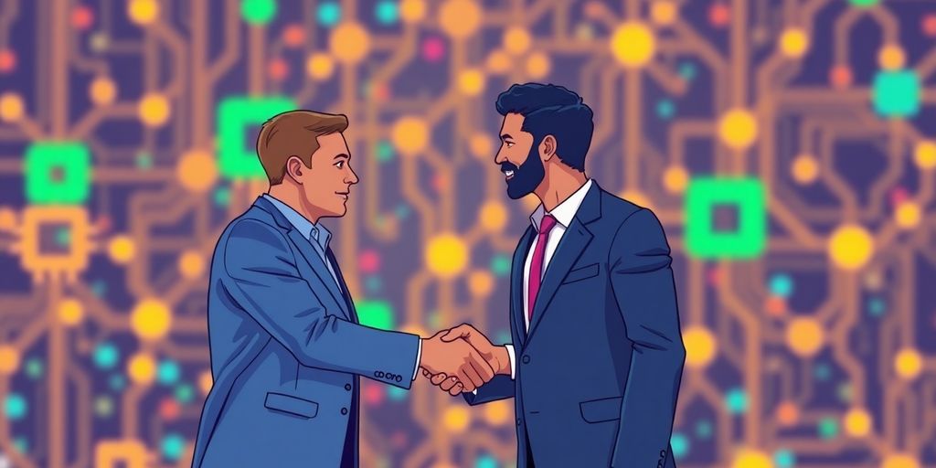 Professional handshake, glowing tech devices, vibrant background.