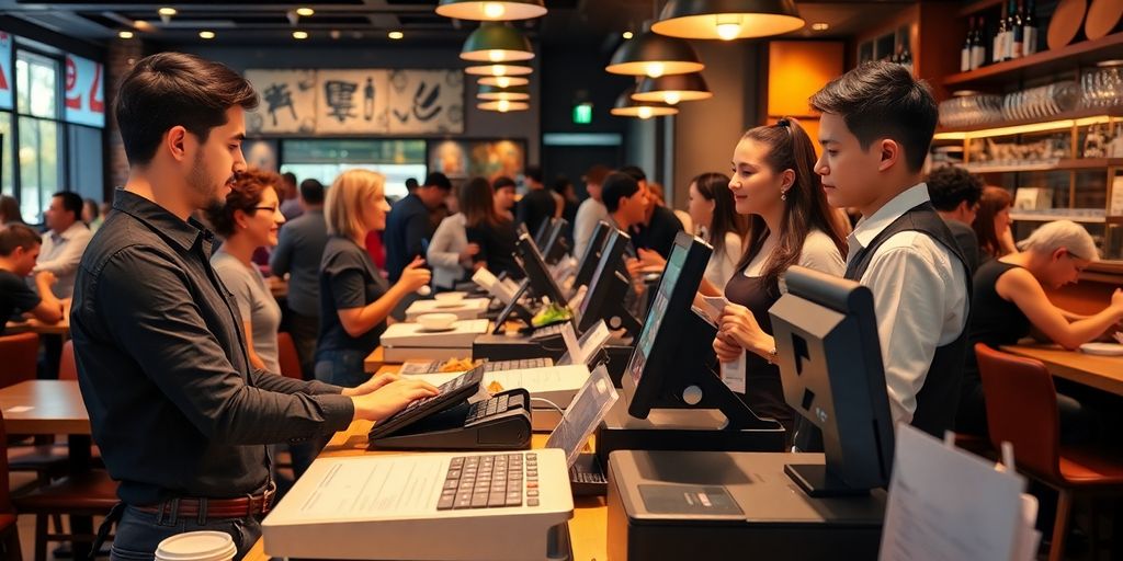 Een modern kassasysteem in een druk restaurant.