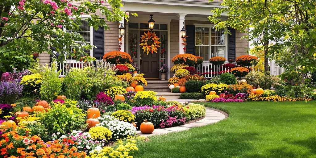 Colorful seasonal decorations in a beautifully landscaped garden.
