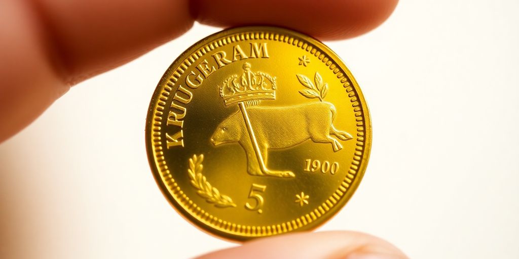 Une main tenant une pièce dorée de Krugerrand.