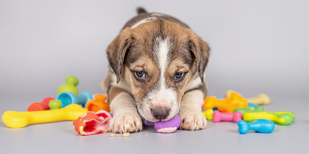Playful puppy biting a colorful training toy.